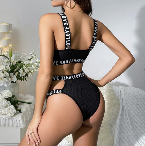 Sexy Women's 2 Piece Love Letter Print Ribbed Knit Lingerie Set Bra and Panty US - Picture 10 of 10